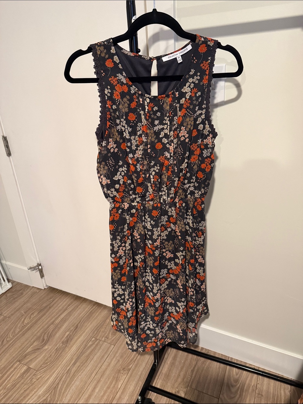 Collective Concepts Floral Sleeveless Mini Dress in Charcoal and Orange